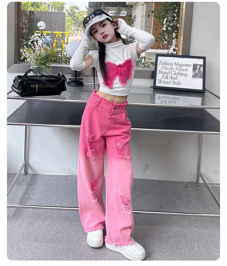 Teenager-Mädchen Hip-Hop-Streetwear-Kleidungsset mit abnehmbaren langen Ärmeln, Schmetterlings-T-Shirt, Farbverlauf- und zerrissenen Jeans, 2-teiliges Mode-Outfit – Detail 8