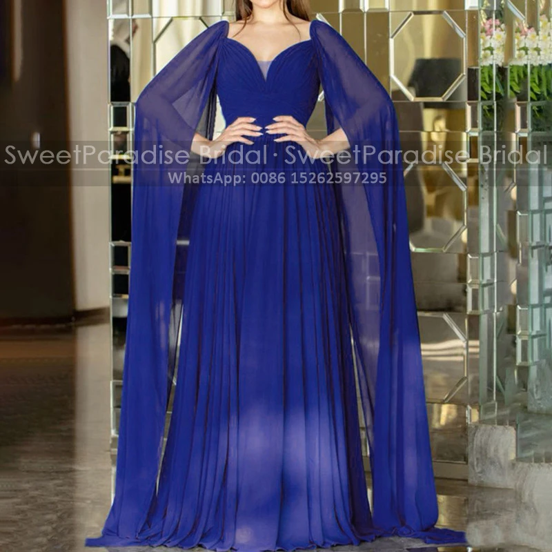 

Cape Long Sleeves Mother Of The Bride Dresses Customized Pleat A Line Square Neck Royal Blue Chiffon Customize Evening Dress