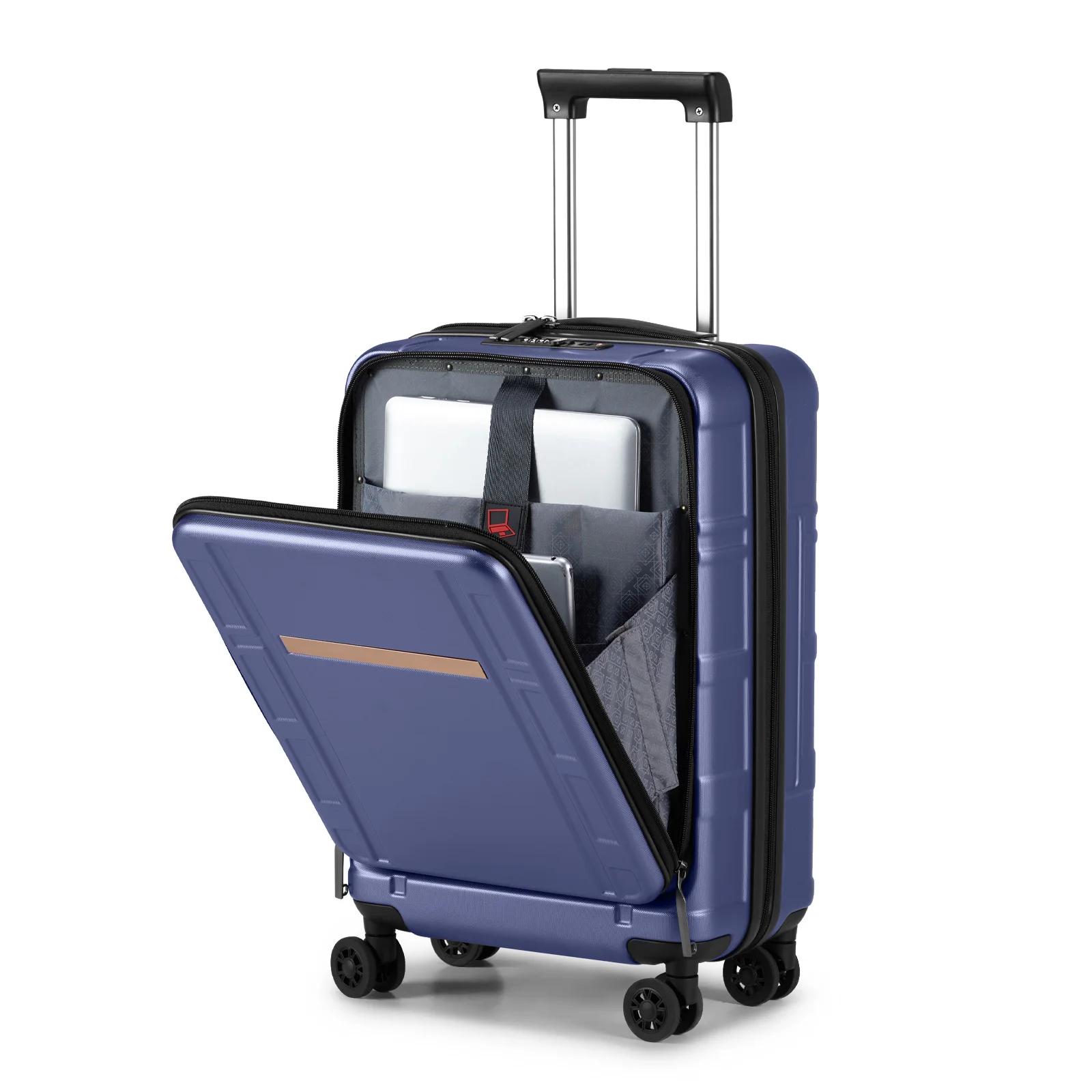 22 X 14 X 9 Airline Approved, ABS+PC 20 Inch Luggage with Front Compartment, Double Spinner Wheels, TSA Lock，Blue Color