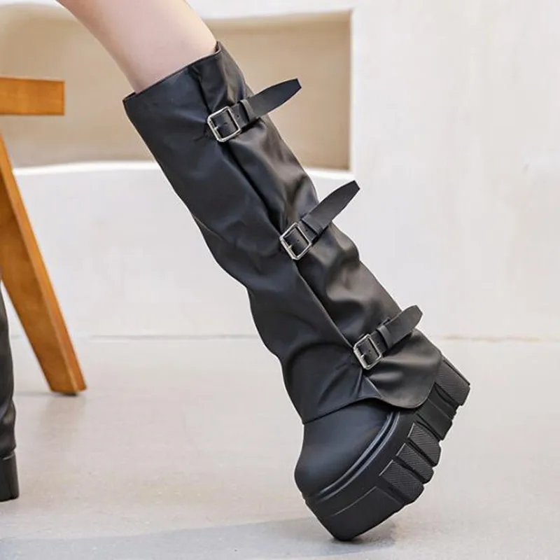 

Heel Knee 14cm High Boots Platform Wedge Punk Motorcycle Riding Booties Shoes for Women New Fashion Autumn Winter Buckle Boots