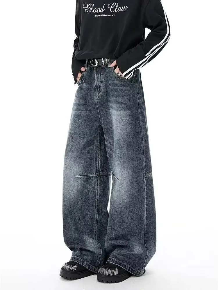 

Waed Wide Leg Jeans Men Winter Vintage Patchwork Casual Floor-Length Pants Tagkita Brand mid Waist Zipper Fly Casual Jeans