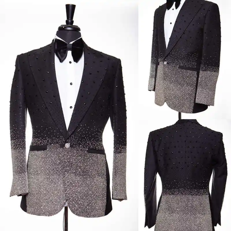 

Luxury Crystal Mens Party Tuxedos 2 Pieces Peaked Lapel Groom Wear Pants Sets Male Fashion Formal Business Suit Customized