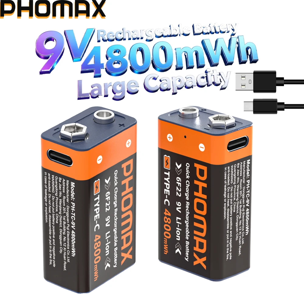 PHOMAX Type-C Rechargeable 9V Lithium ion Battery 4800mWh High Capacity for Guitar Microphone Smoke Detector Pedal with Cable