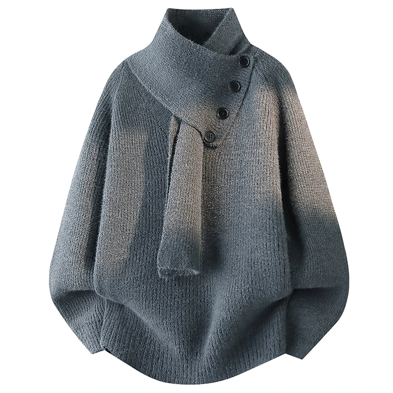 

Мужской повседневный утепленный осенне-зимний свитер с воротником-шарфом, вязаный, свободного кроя, удобный, из полиэфирного волокна, модный.