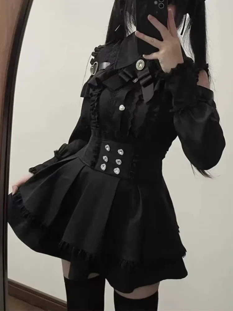 Japanese Y2 Aesthetics Vintage Bow Dress Shorts Set Women Gothic Lolita Style Long Sleeve Shirt Dress Elegant Party Dress Suits