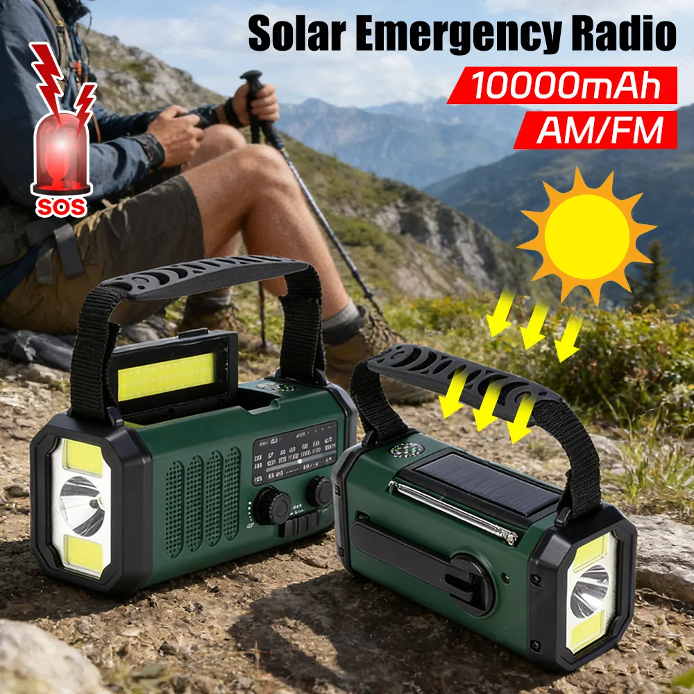 Rádio de Emergência LED com Lanterna e Lâmpada de Leitura 10000mAh, Rádio Portátil com Carregamento Tipo-C, Manivela Solar e Bússola