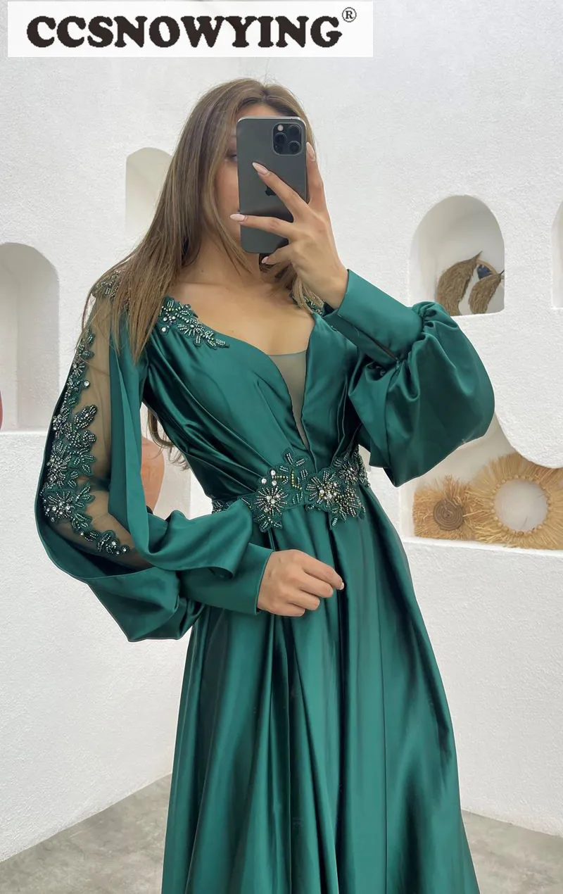 Vestidos De Fiesta De manga larga con cuello en V para mujer, vestido De noche con apliques De satén, vestido Formal De fiesta