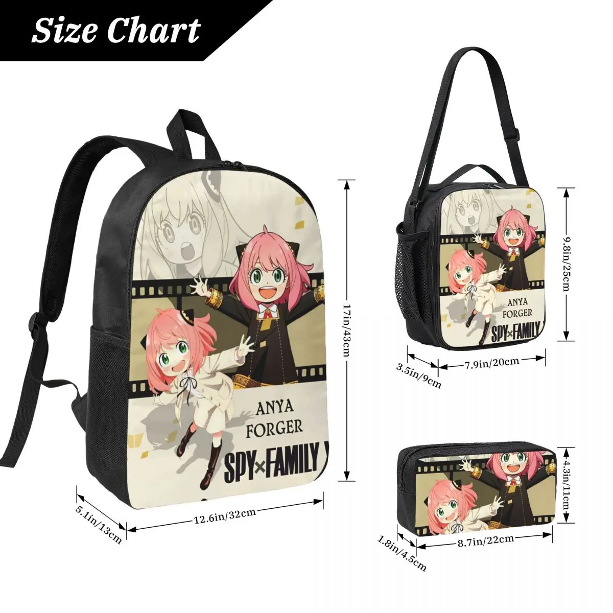 3Pcs Spy X Familys Girls 만화 애니메이션 배낭 세트 어린이를위한 펜 가방 Bookbag 학교 학생을위한 도시락 세트 Daypack
