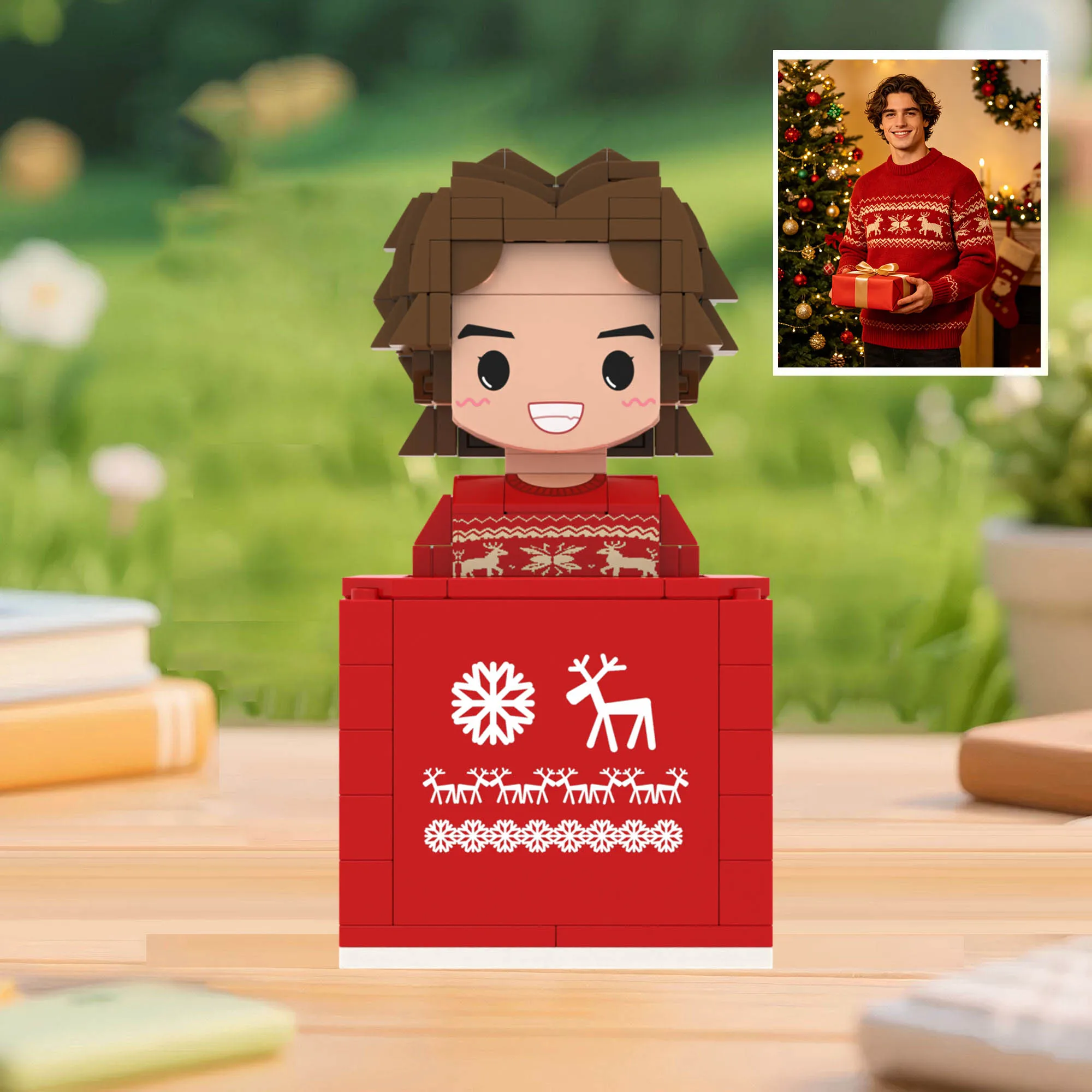 

Christmas Themed Custom Brick Bust Brickfigures with Sweater Pattern Personalized Building Blocks DIY Assembly Ornament