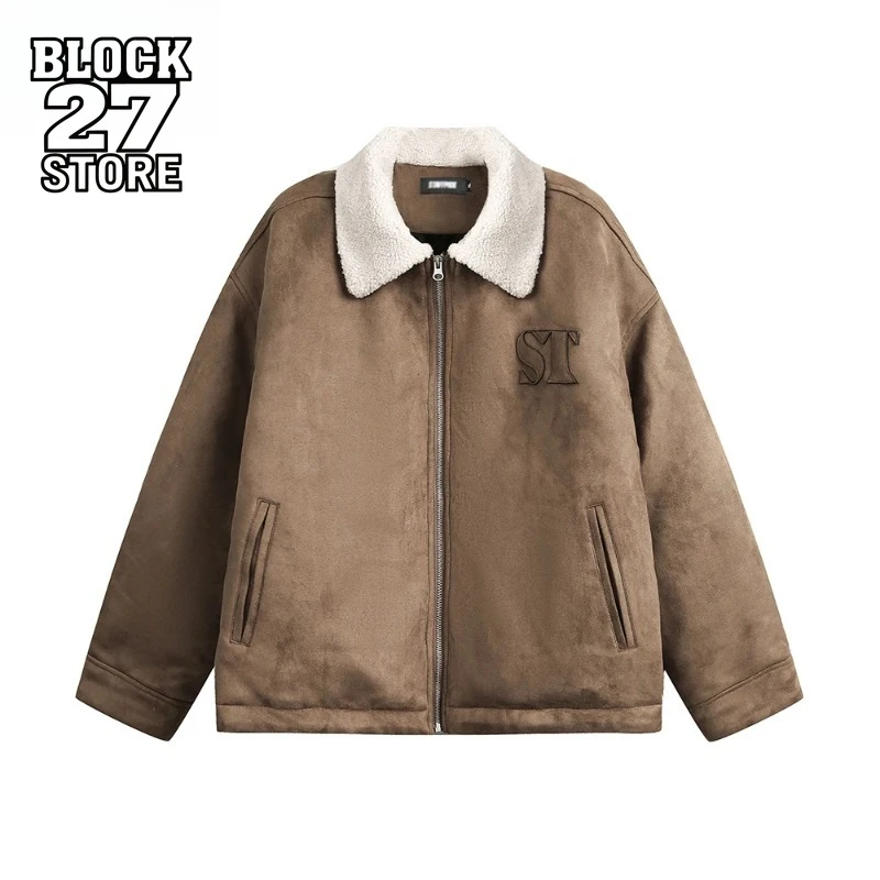 

Harajuku ретро замшевая стеганая куртка мужская с буквенным принтом зимняя повседневная свободная посадка с меховым воротником с длинным рукавом уличная одежда с подкладкой верхняя одежда новая