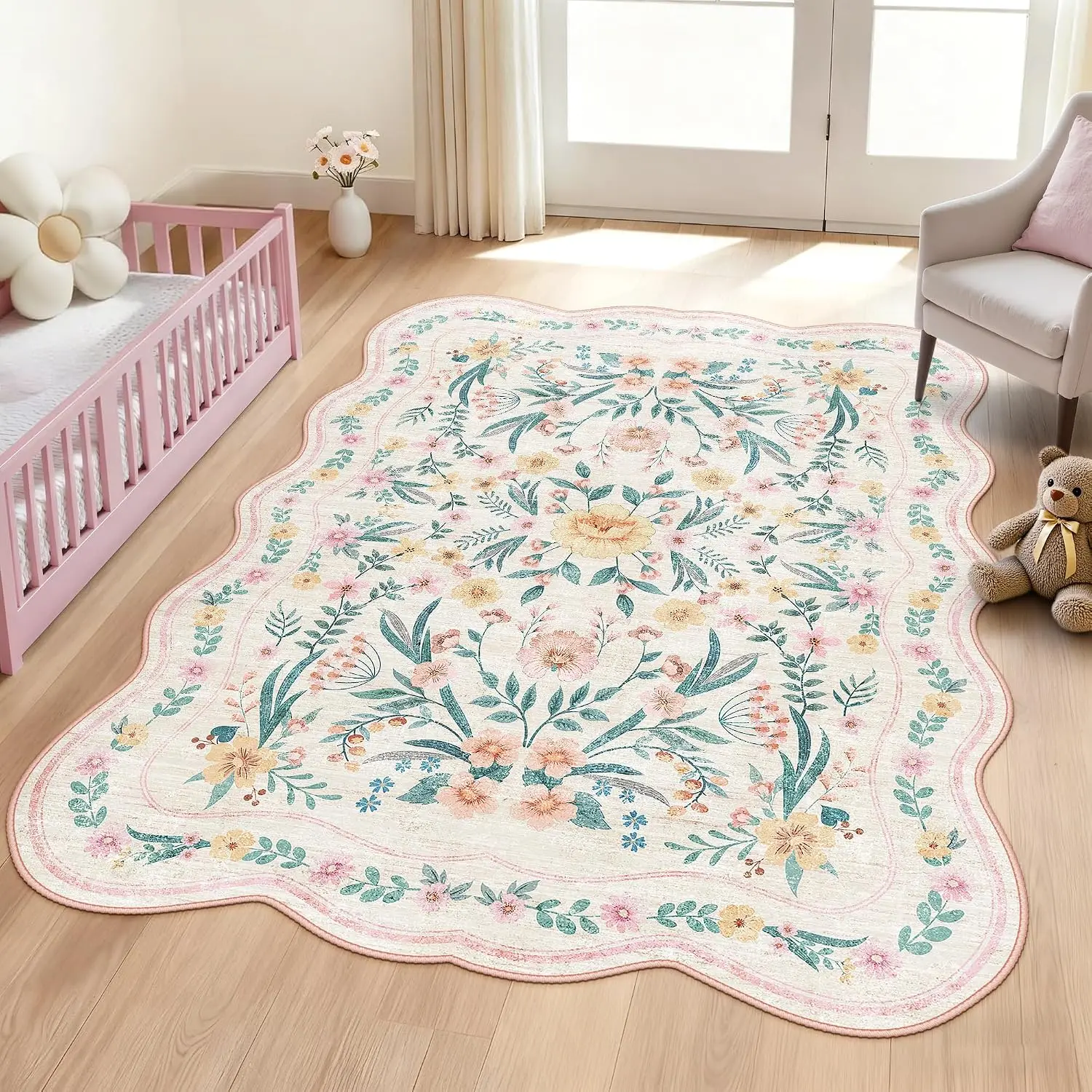 

Scalloped Pink Floral Rug 5x7, Washable Non-Slip Area Rug for Girls Bedroom, Soft Boho Carpet for Kids Room