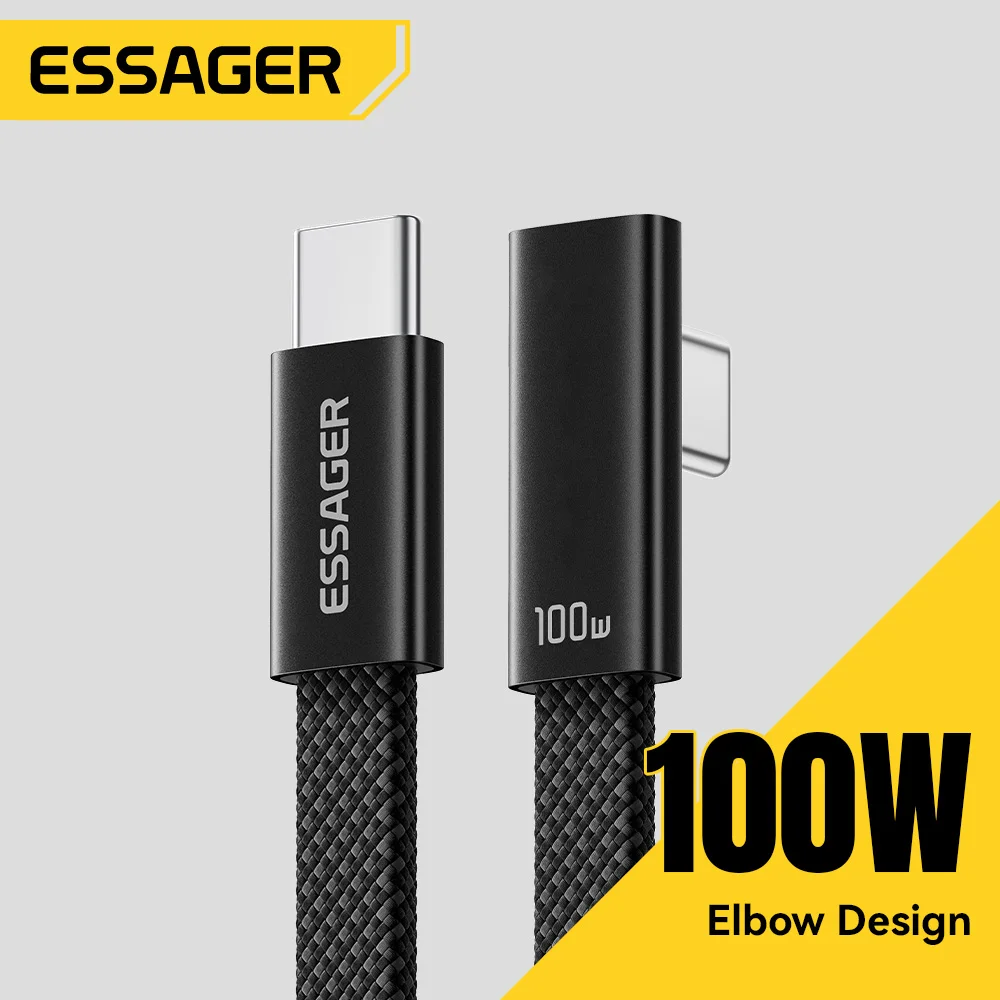 Essager 90° Right-Angle USB C Cable 100W L-Shaped Cord for iPhone 17 Samsung Xiaomi Type-C Fast Charging Elbow Cable for Gaming
