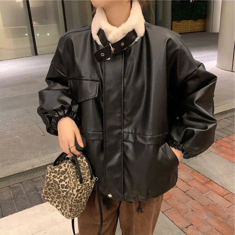 PU Parkas Women Black Patchwork Cozy Warm Baggy Casual Feminine Couple Unisex Streetwear Winter Coats Ins Stand Collar Vintage