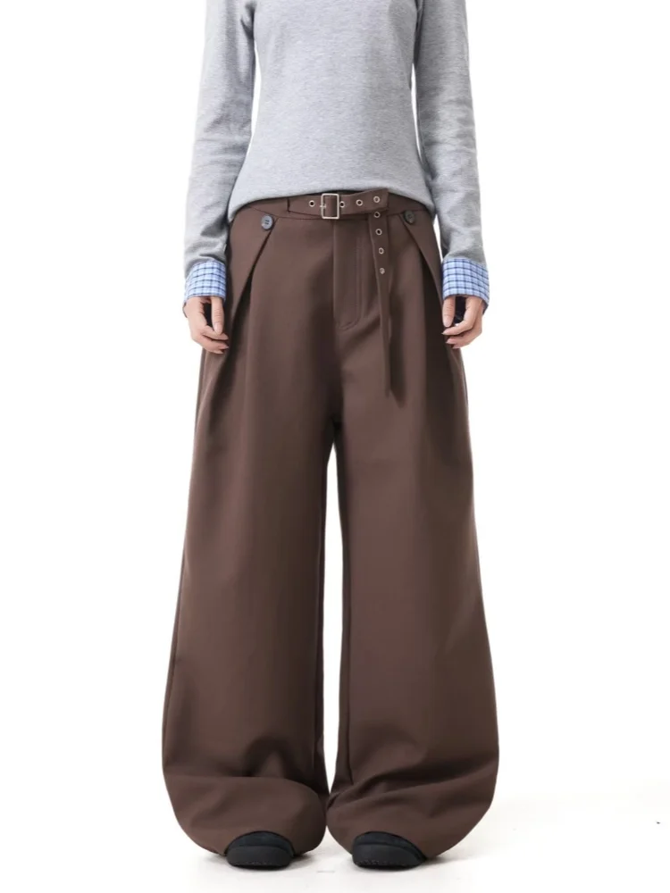 2025 tendencia Y2K estilo marrón plisado holgado Casual traje de mujer pantalones para mujer ropa de pierna ancha parte inferior recta pantalones largos