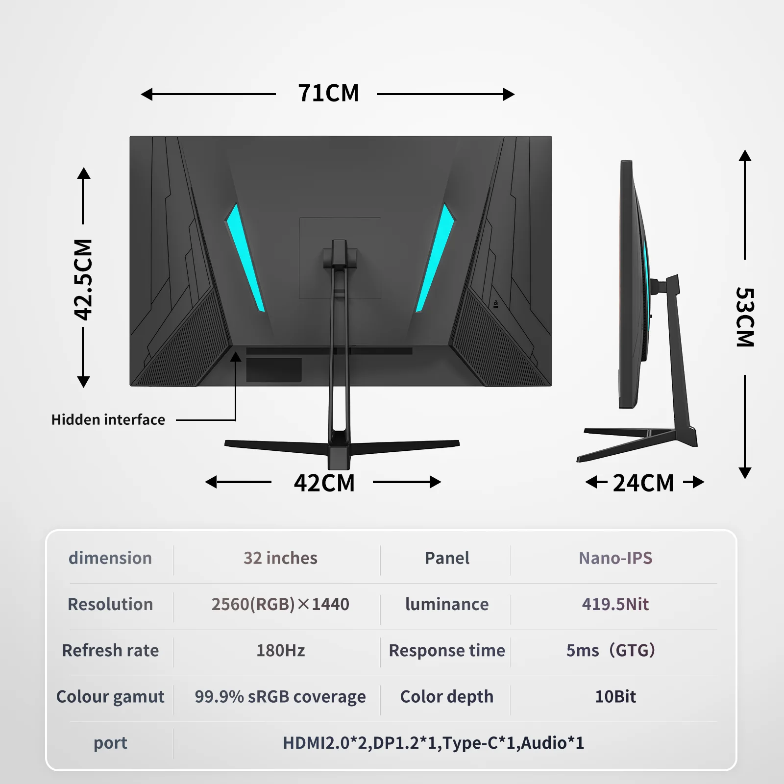 32-дюймовый игровой монитор ChonSun — Nano-IPS, 180 Гц, HDR400, 3-сторонняя рамка без панели, HDMI/DP/Type-C, цвета 1,07B для геймеров ПК