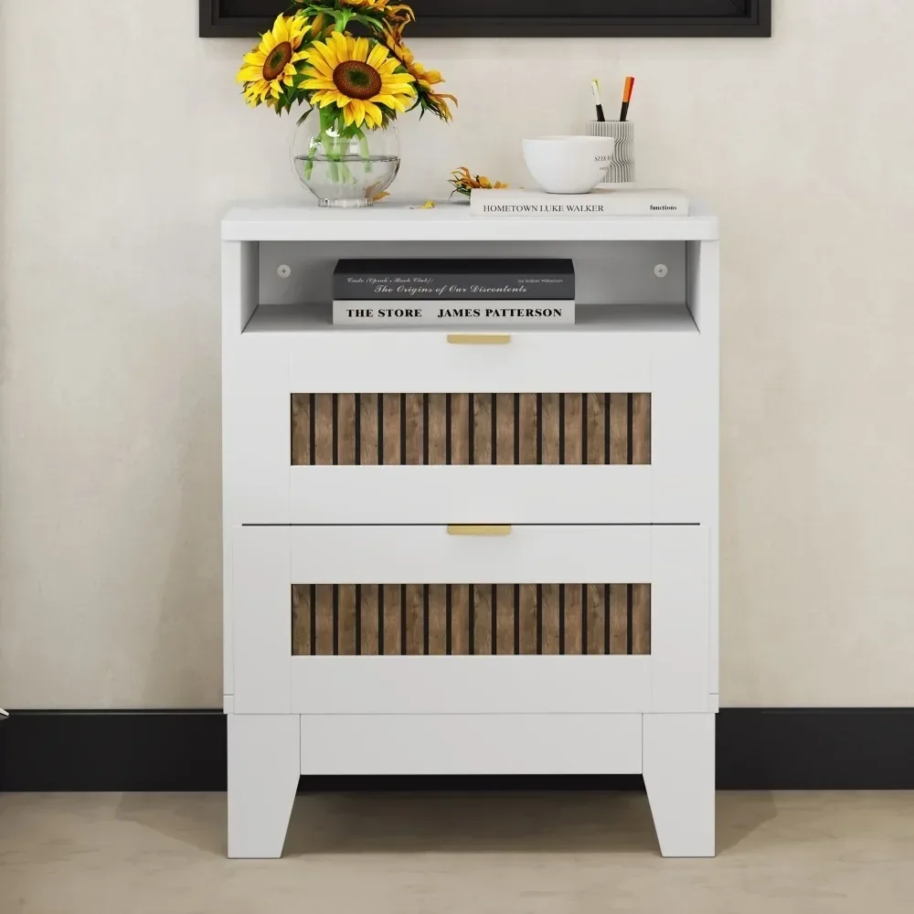 Double Drawer Wooden Bedside Table with Wooden Trim and Metal Handles, Wooden Side Table with Storage Cabinet in Bedroom