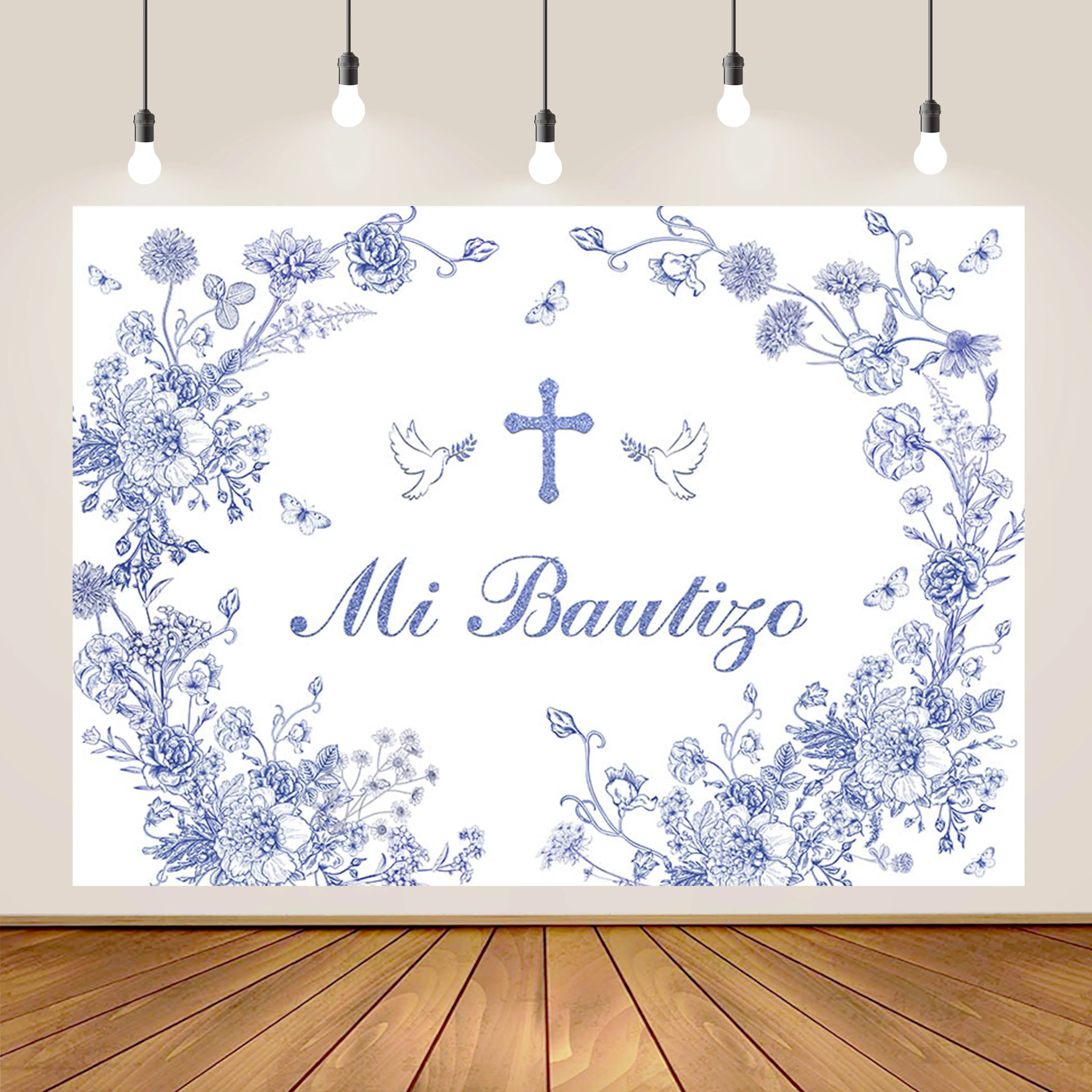 Girl Boy First Holy Communion Backdrop Flower Gold Cross God Bless Mi Primera Comunión Photography Background view 3