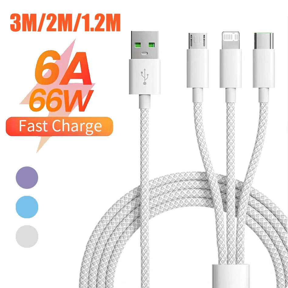 66W 3 In 1 Fast Charging Cable For iPhone Xiaomi Micro USB Type-C IOS Charging Cable 6A Braided Data Cable 1.2M/2M/3M