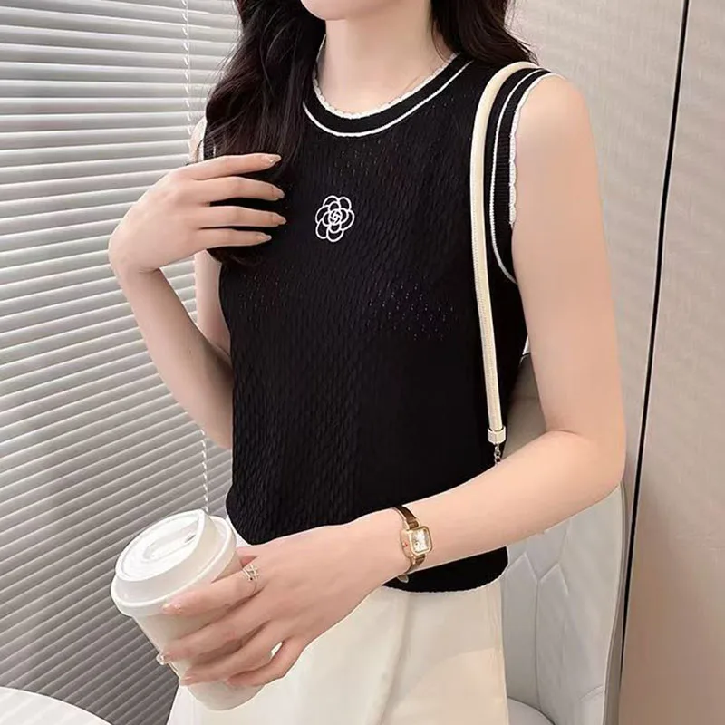 Été nouveau camélia col rond glace soie à manches courtes femmes ample demi-manches gilet T-Shirt pull haut