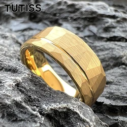 TUTISS 8mm Hammered Offset Line Tungsten Carbide Ring for Men Women Fashion Engagement Wedding Band Comfort Fit
