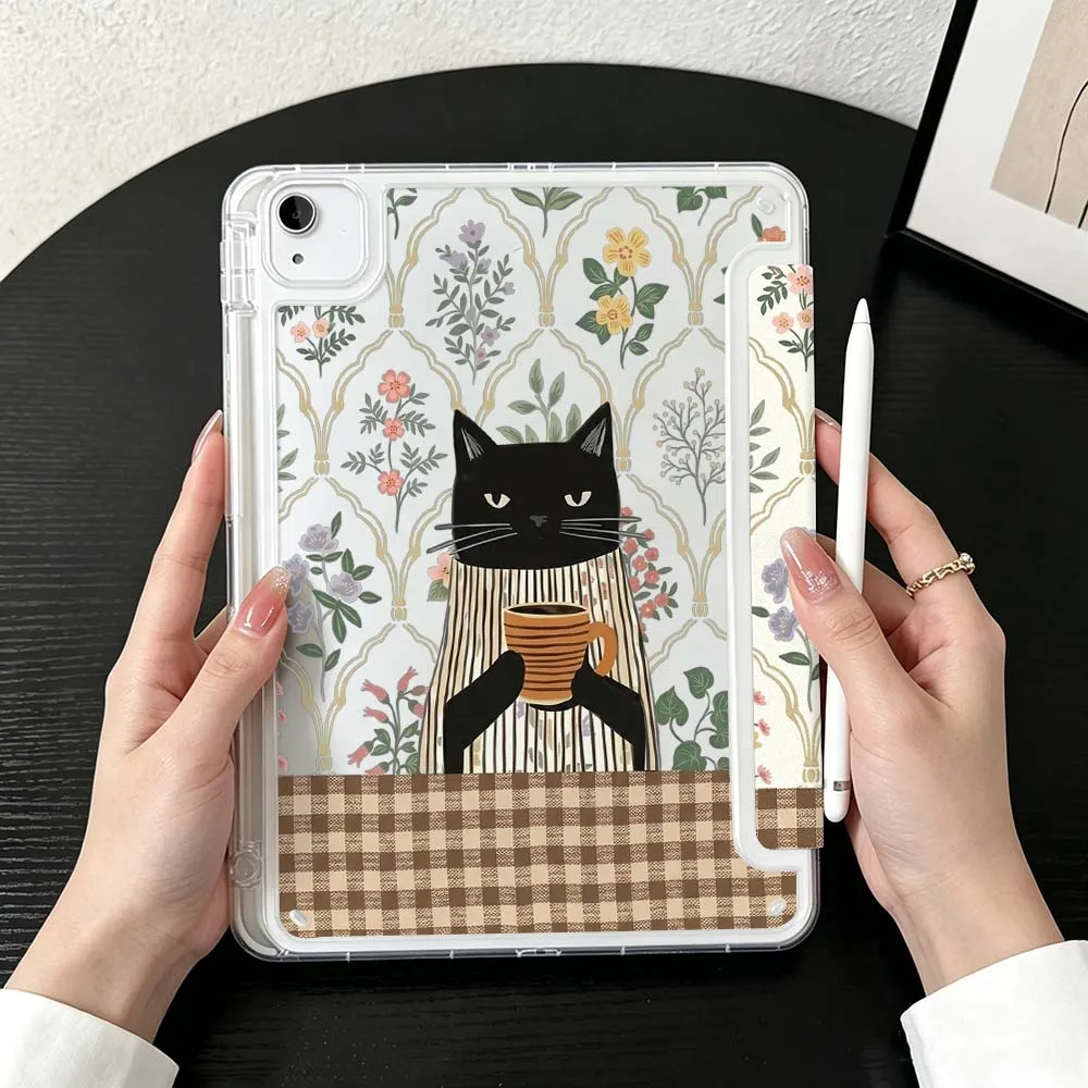 Cartoon Black Cat Plaid For iPad Mini Pro Air 5 6 7 8 9 10th 11th 11 9.7 10.9 13 inch Transparent Y-Shaped Folding Tablet Case