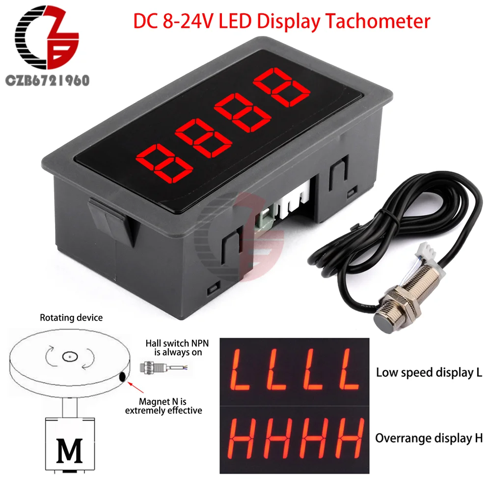 

4 Digital LED Display Tachometer DC 8-24V High-precision Tachometer RPM Gauge Speed Meter with Hall Sensor NPN Switch