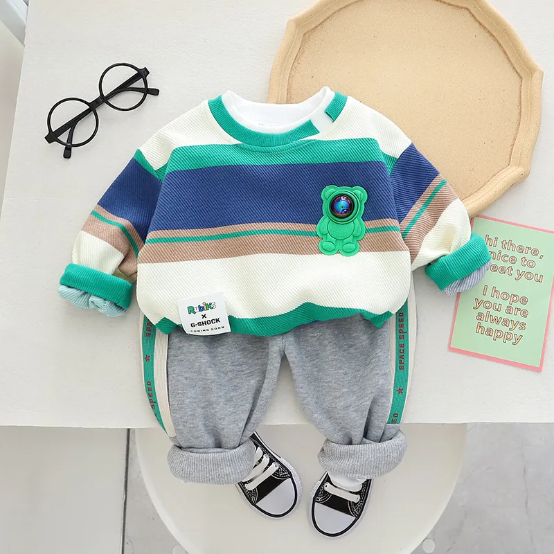 Ins Spring Autumn Kids Boys 2PCS Clothes Set Striped Astronaut Cotton Pullovers Loose Pants Suit Toddler Baby Boys Outfits