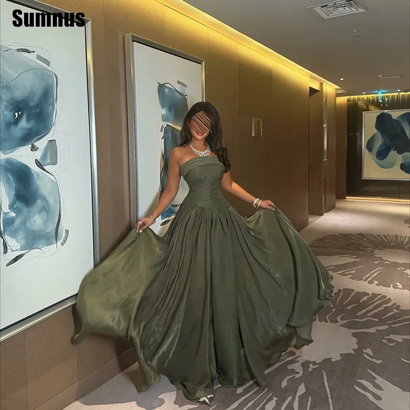 

Sumnus Modern A-Line Evening Dresses Dark Green Silk Satin Sleeveless Pleats Prom Dresses Gala فساتين سهرة Customized