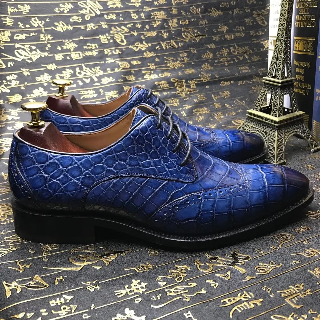 yingshang sepatu formal pria baru sepatu kulit buaya biru santai