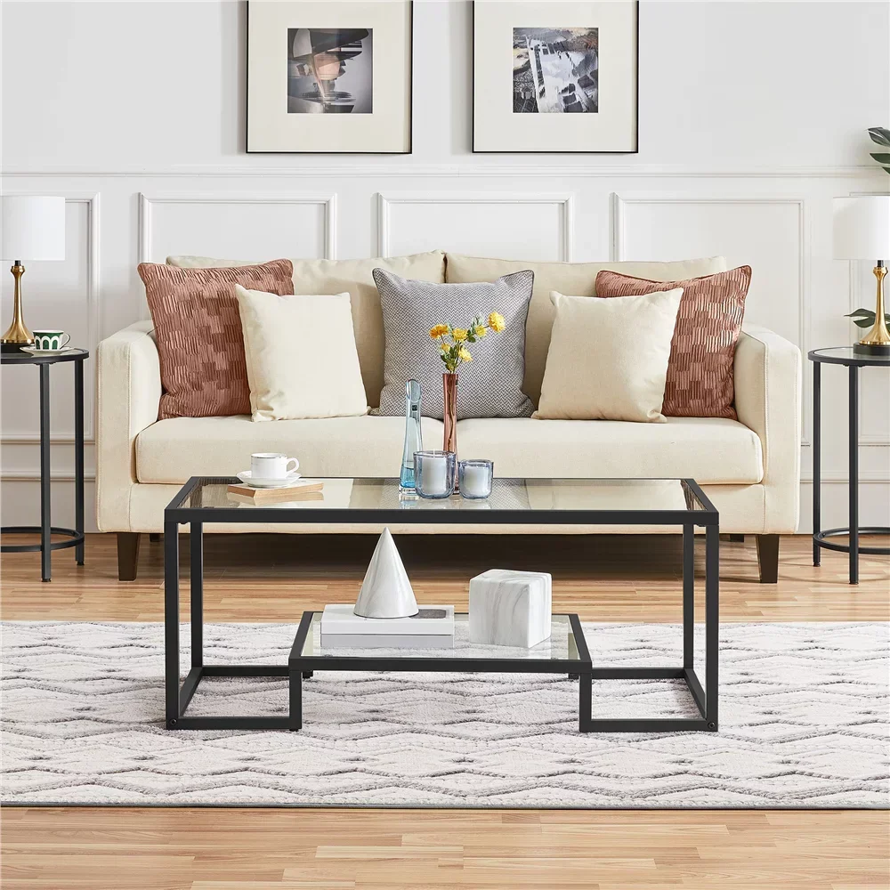 Modern Glass Coffee Table with Metal Frame, Black End Tables for Living Room