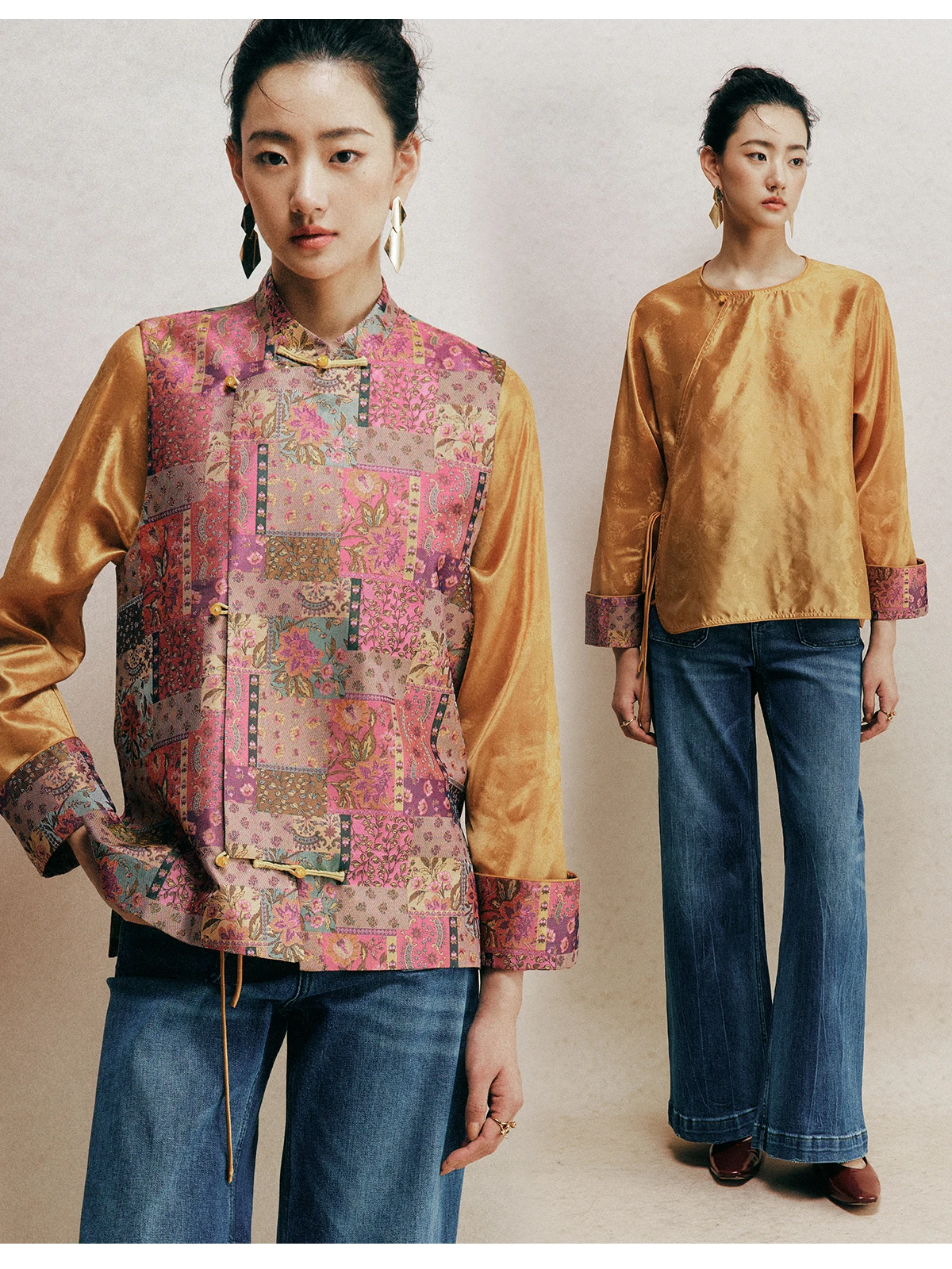 

Комплект из 100% шелковой китайской блузки с круглым вырезом и жакета с поясом и пуговицами, свободного кроя, с длинными рукавами, женская одежда