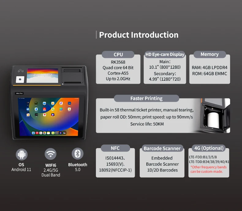 D3-Mini Smart Android POS Terminal Compact Thermal Printer for Catering Restaurants and Stores with NFC SDK 4+64GB