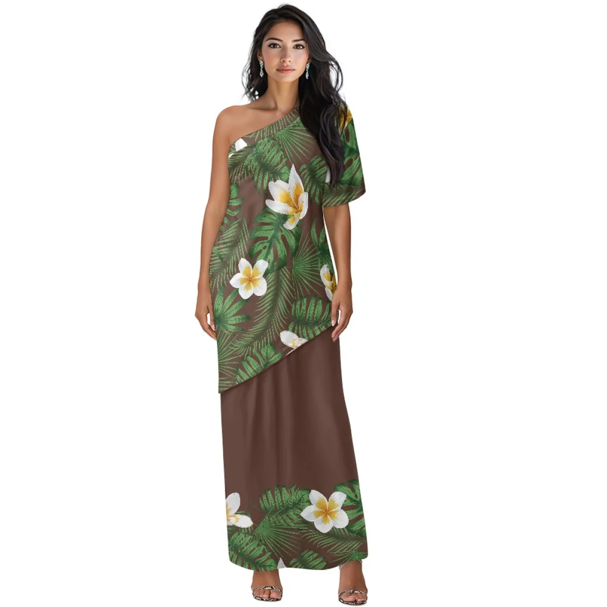 ชุดเดรสปูเลตาซีลายดอกชบาสีน้ำตาลสไตล์ฮาวายซามัวแบบสั่งตัดพิเศษสำหรับงานปาร์ตี้สุดหรู แขนเดียว สำหรับฤดูร้อน