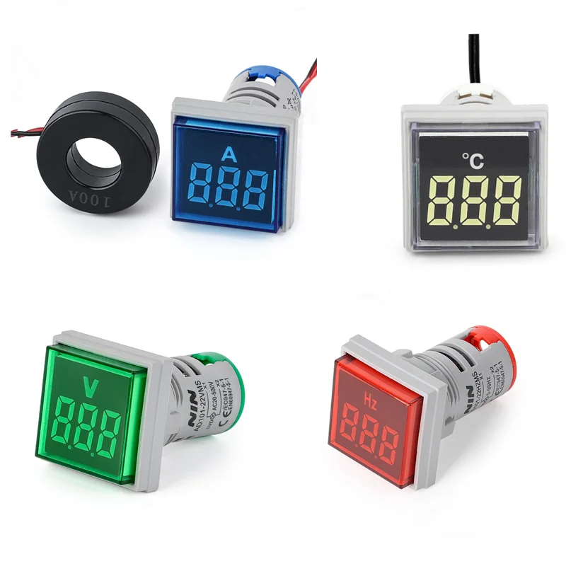 22mm Mini Digital Voltage and Current HZ Meter Square AC 20-500V Voltage Test Meter Power LED Indicator Test Light Display