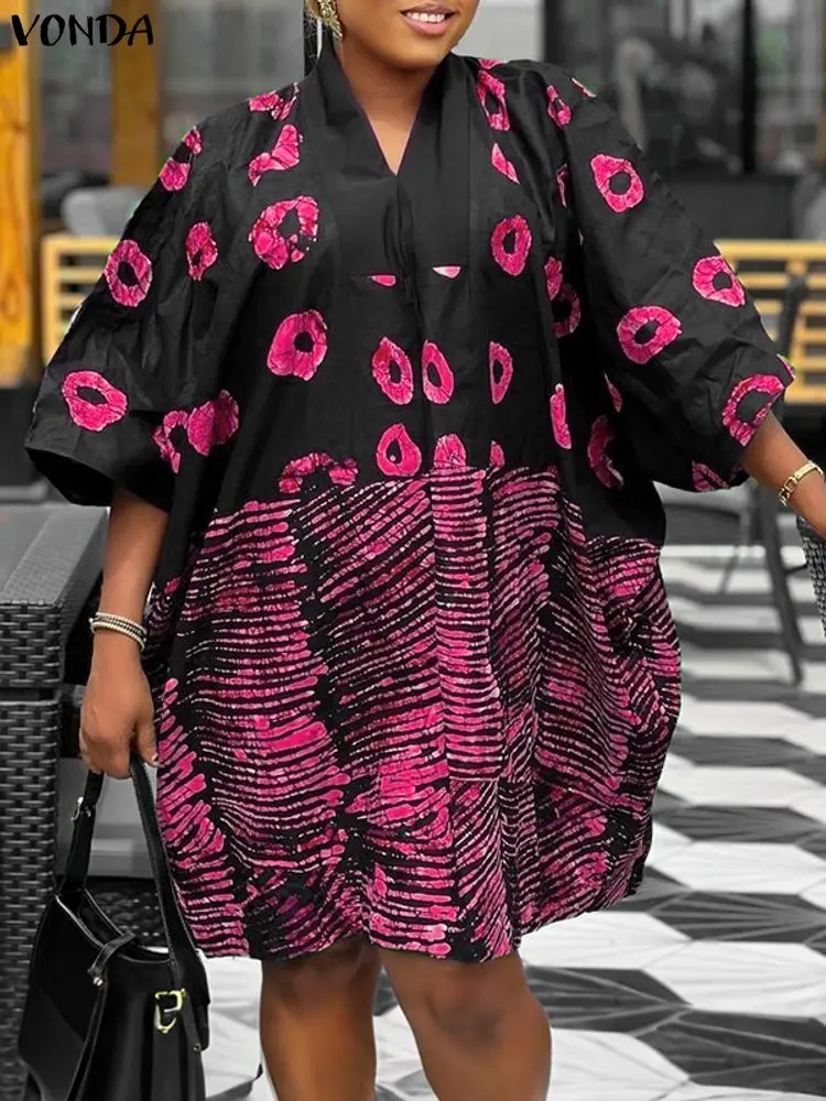 فوندا حجم كبير فساتين صغيرة 5XL المرأة البوهيمي طباعة 3/4 كم الخامس الرقبة عادية فضفاض حفلة Vestidos عطلة الخريف موضة رداء #4