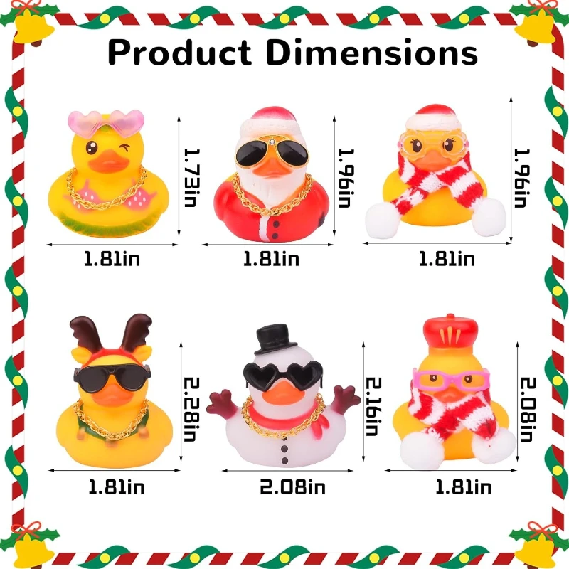 6 PCS Christmas Winter Rubber Duck Car Dashboard Decoration Elk Snowman Sunglasses Necklace Ducks Cars Ornament Cute