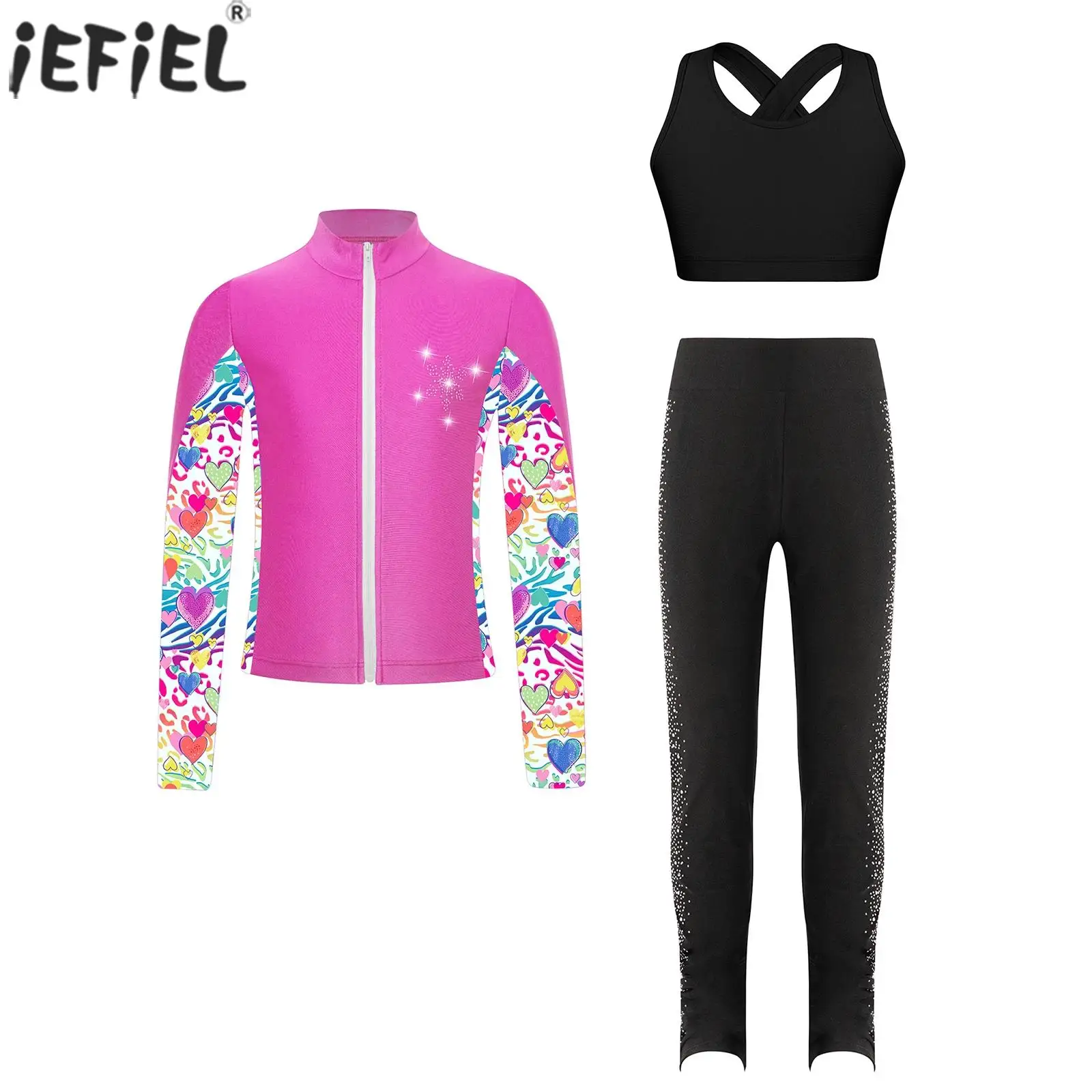 

Kids Girls Figure Skating Sports Set Printed Jacket with Vest Crop Top Leggings for Workout Dance Gymnastic Training Performance