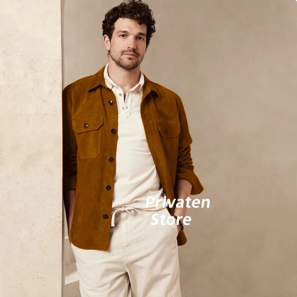 Mens Jacket Suede Khaki Button Coat Single Breasted Long Sleve Outerwear & Coats Casual Sports Style Solid color Man Clothing