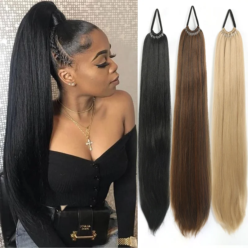 

XNaira 26 Inch Synthetic Long Straight Ponytail Extensions With Elastic Band Synthetic Hairpieces For Women Elegant Daily Hair