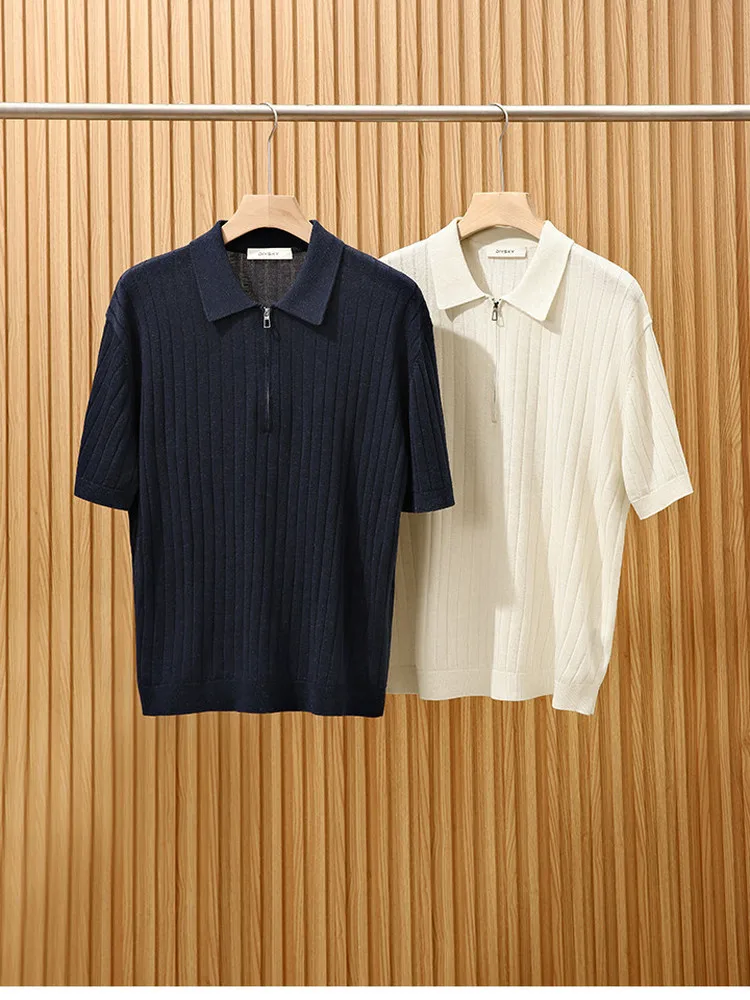  Linen Blend  Shirt Knitted Half Zipper Summer Menswear Breathable Moisture Wicking Standard Fit Flip Collar T-S...
