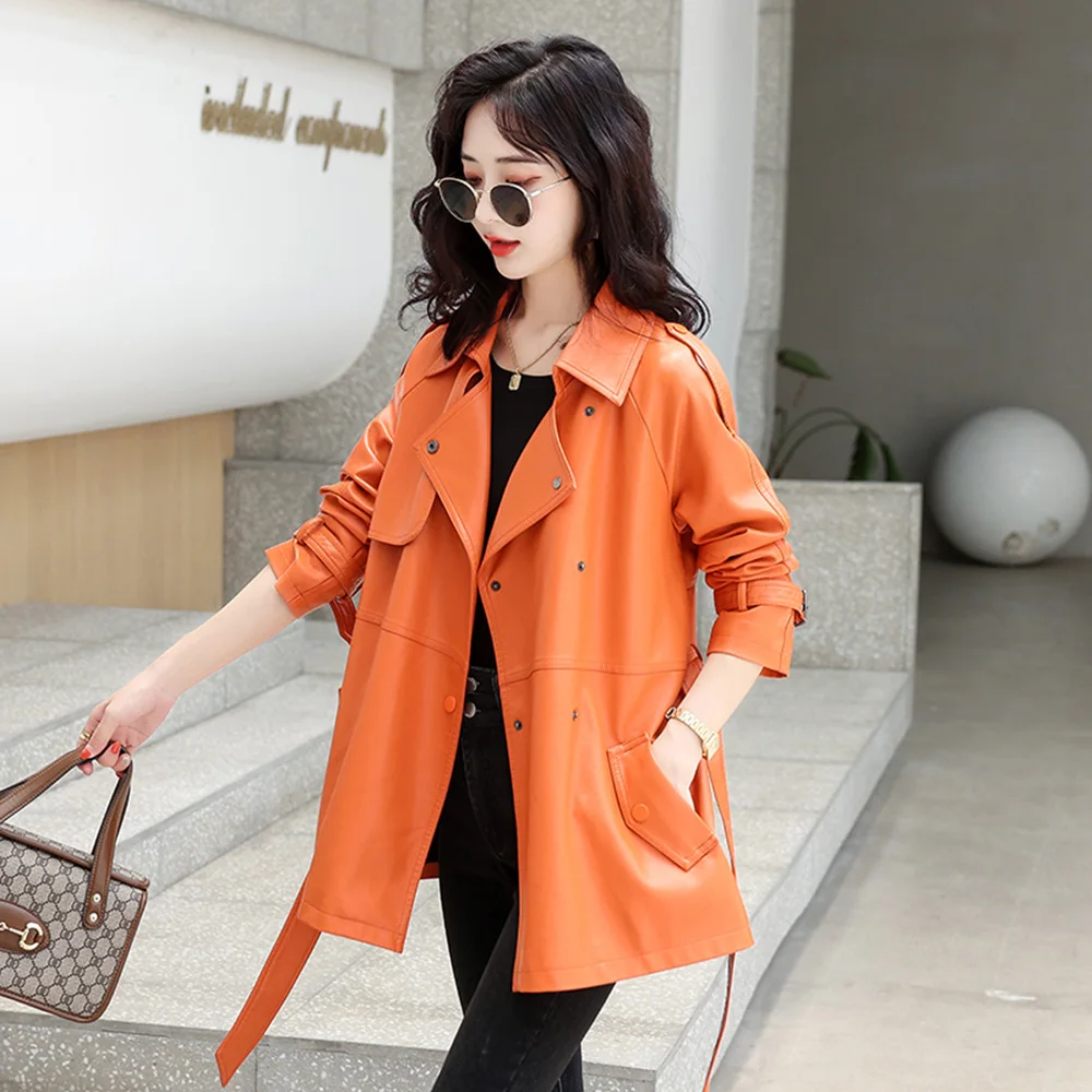 New Women Leather Trench Coat Spring Autumn Casual Fashion Turn-down Collar Long Sleeve Belt Sheepskin Jacket Loose Outerwear