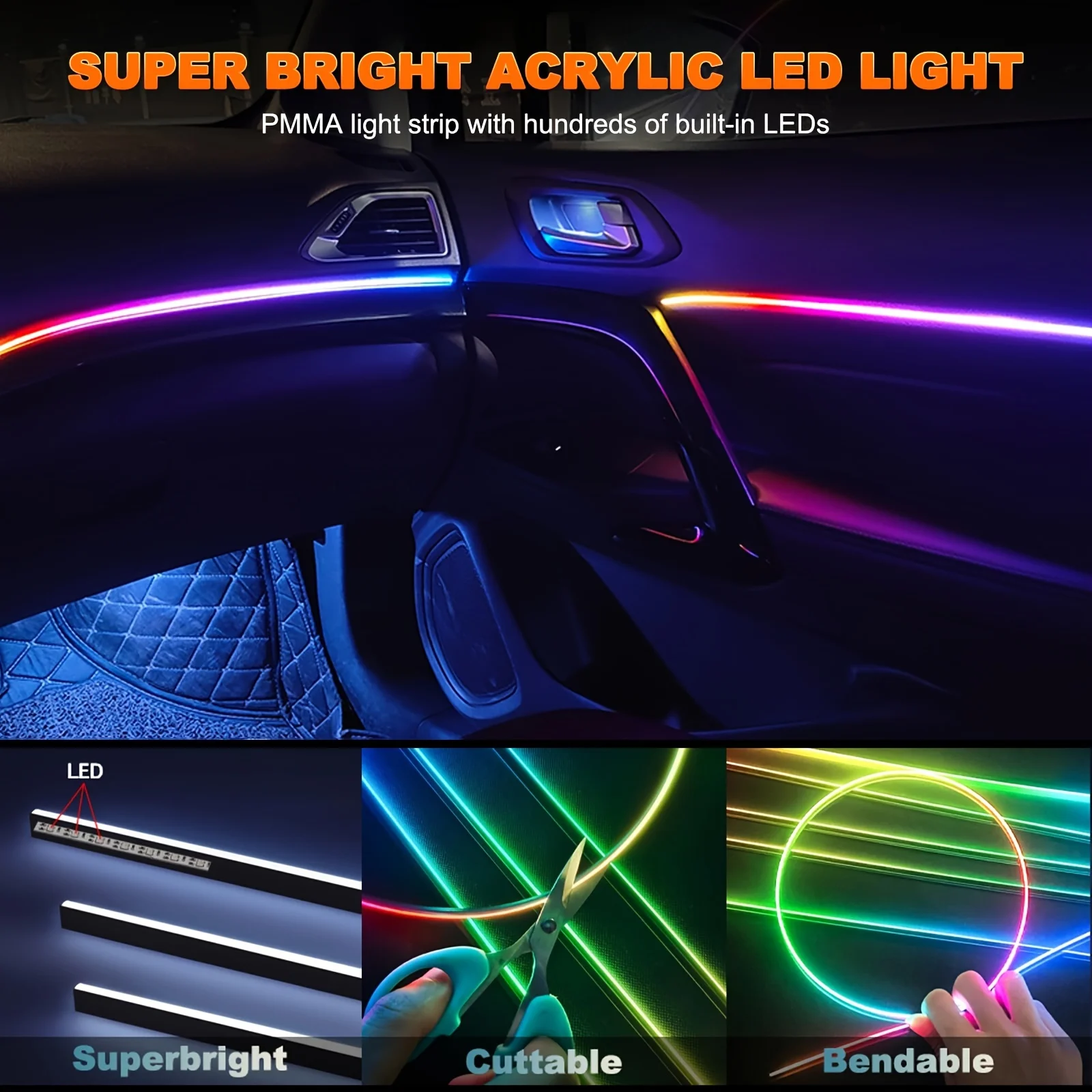 22 In 1 Neon Lighting LED Car Ambient Lights RGB 64 Colors Interior Acrylic Strip Kit App For BMW Audi Tesla Honda Toyota  Volvo