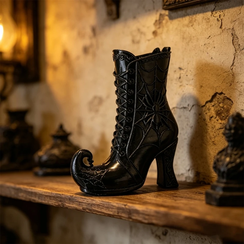Fantasy Boot Decoration Gothic Black Witch Boot Vase in 3D-Printed with Spiderwebs Pattern for Desks Shelves Display Cabinets En