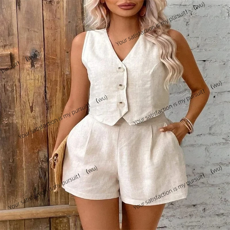 

Summer Cotton Linen Sets Women's Solid Casual Two Piece Sets New Fashion Sexy V-neck Sleeveless Vest Tops And Shorts Suit Women