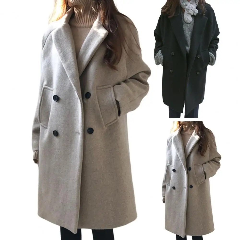 Gabardina de lana gruesa de doble botonadura para mujer, abrigo de manga larga con solapa, chaqueta suelta de longitud media, Otoño e Invierno