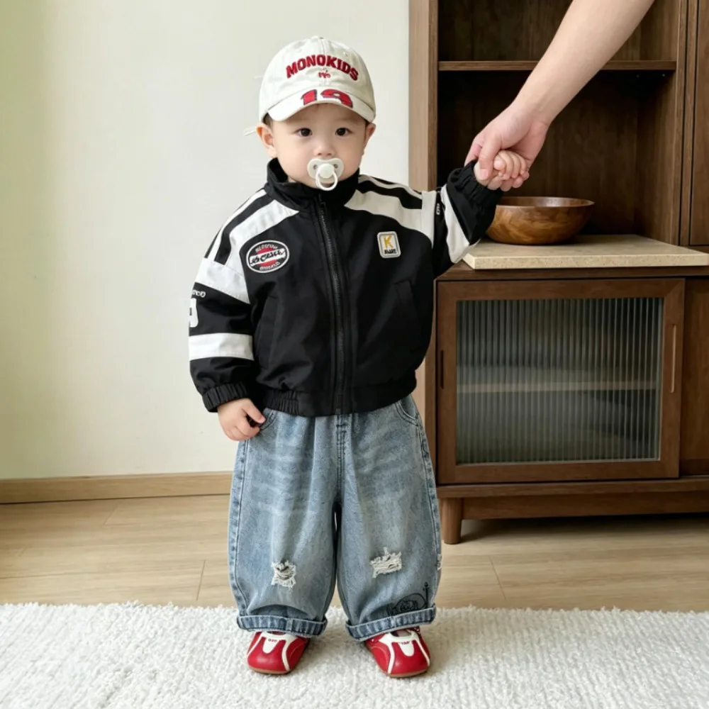 Boys Biker Style Set Spring Autumn Stand Collar Color Block Racing Jacket Ripped Jeans Kids Baby Boy Outfit 73-120cm 3