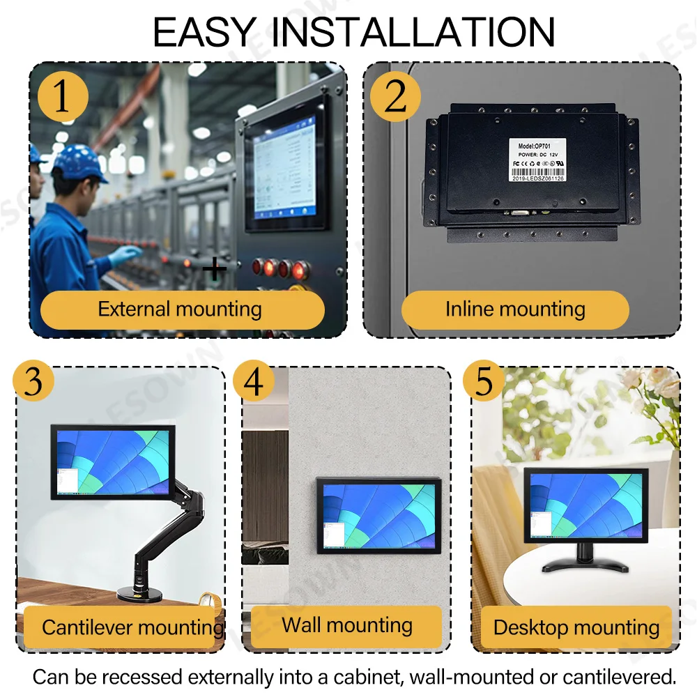 LESOWN Monitor Industri Bingkai Terbuka LCD IPS 7 Inci 1024X600 Rentang Suhu Lebar (-10 ℃   hingga 60 ℃ ) dengan VGA HDMI AV USB (sentuh)