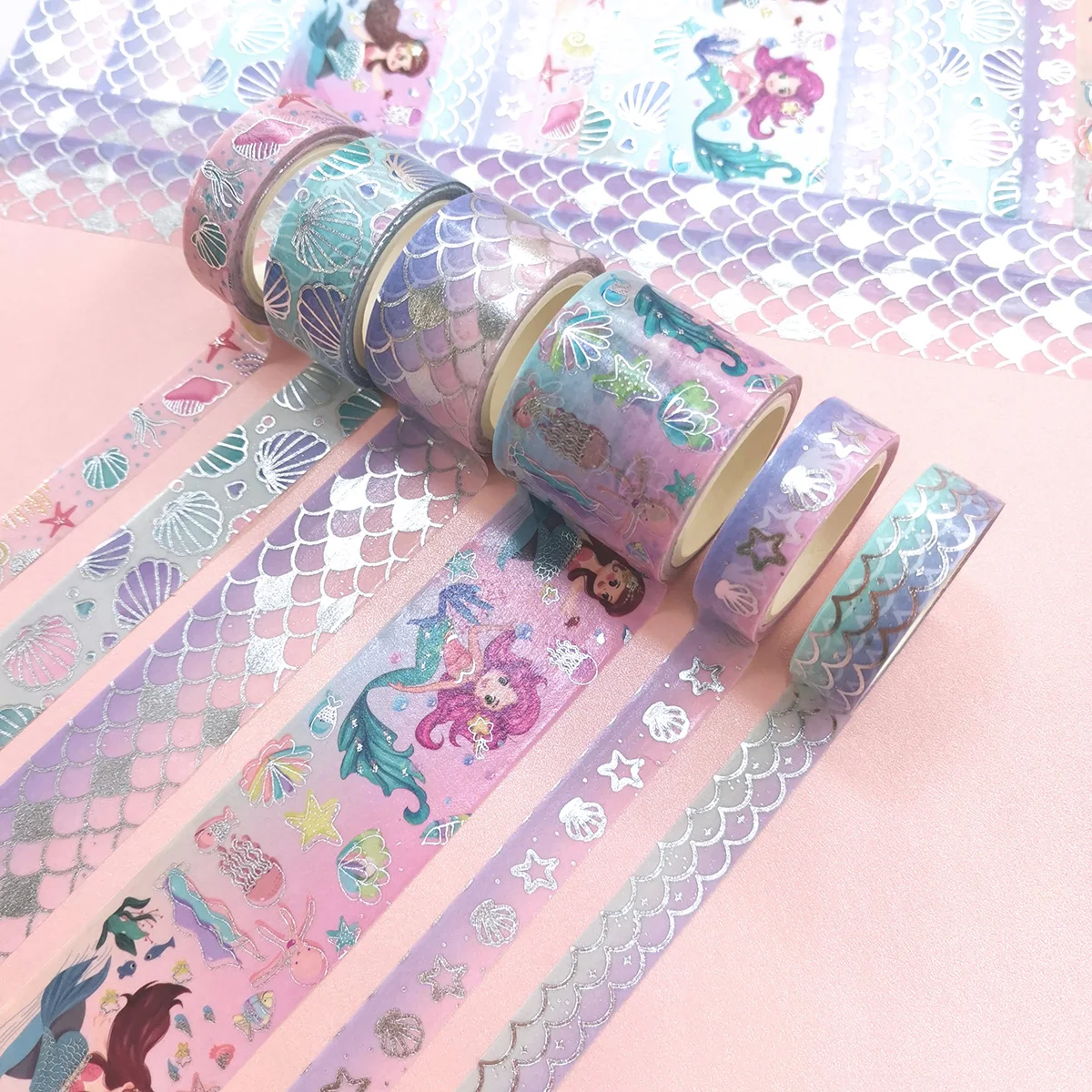 Set Selotip Washi Putri Duyung, 6 Gulungan Selotip Dekoratif Bertema Laut Berlapis Perak Berkilau untuk Menulis Jurnal, Scrapbooking, Kerajinan DIY, Hadiah