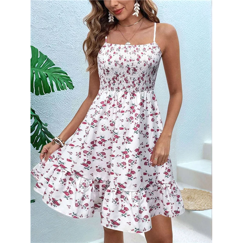 【SEE】Mini vestido floral con tirantes finos, cuello cuadrado, línea A, lindo vestido veraniego, vestidos de playa de verano para mujer 2025