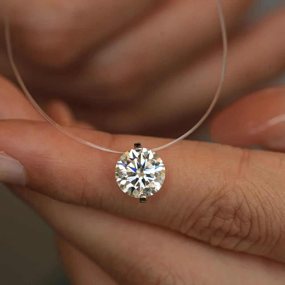 New 1CT Moissanite Necklace for Women, D Color VVS1 Round Cut, 925 Sterling Silver Solitaire Pendant, Invisible Chain, Gift Box